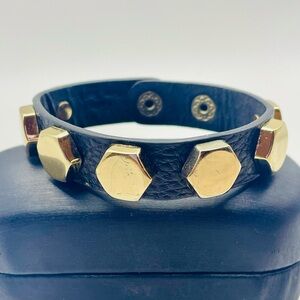 Black Genuine Leather Bracelet with Gold Hexagon Studs. Snap closure. Size 8